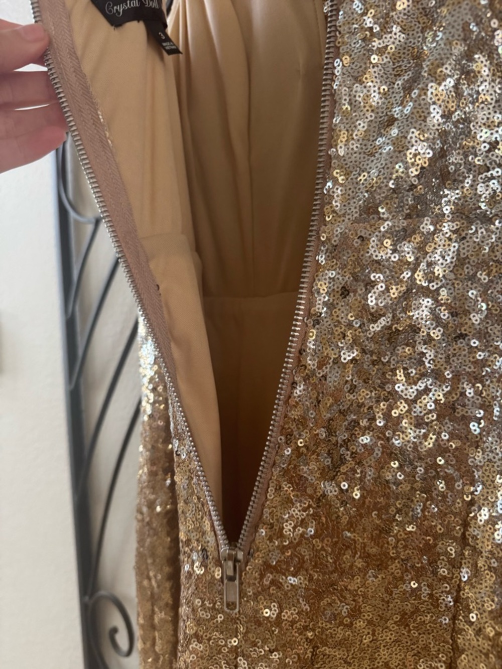 Crystal Doll Champagne Sequin V-Neck Dress - Picture 7 of 9